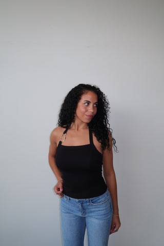 Black Halter Neck Tank Top With Gold Ring