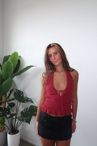 Red V-Neck Tie Halter Top
