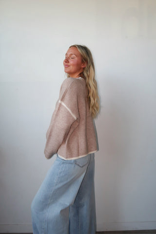 Taupe Sweater With Cream Trim