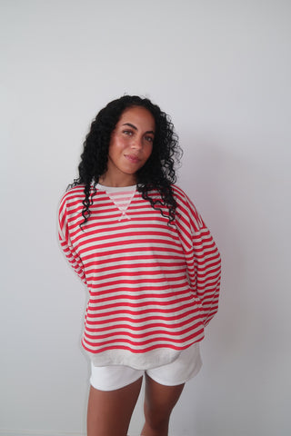 Grey & Red Everyday Striped Crewneck