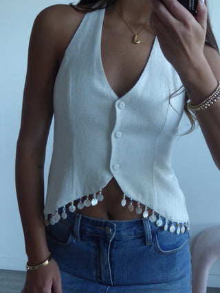 Natural Tailored Tie Open Back Halter Embellished Vest