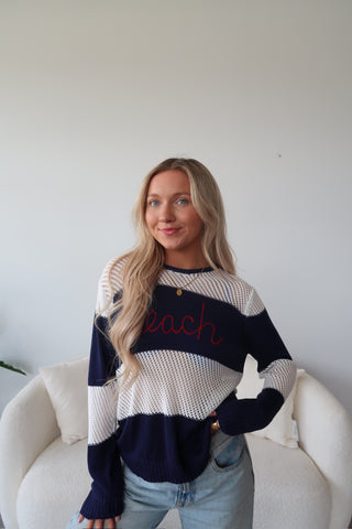 “Beach” Striped Crochet Long Sleeve