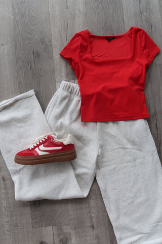 Red Square Neckline Short Sleeve Top