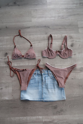 Brown Gingham Triangle Tie Bikini Top With Bows