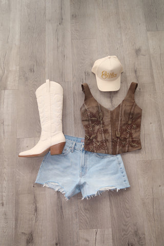 Brown Floral Embroidered Corset Top