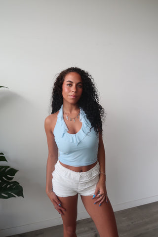Light Blue Ruffle Mesh Halter Neck Top