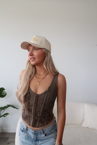 Brown Floral Embroidered Corset Top