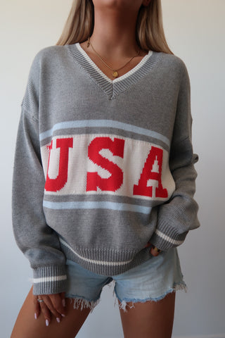 USA Graphic Long Sleeve V-Neck Sweater