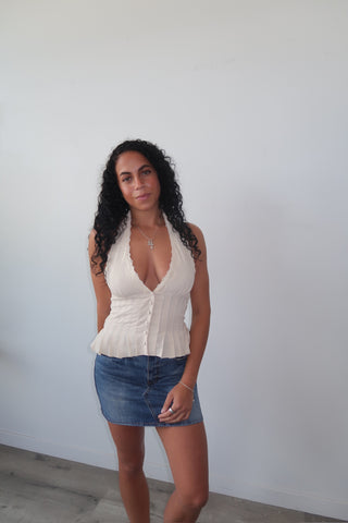 Cream Lace Trim V-Neck Halter Top