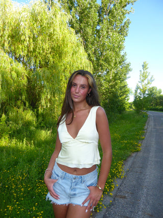 Pale Yellow Satin V-Neck Tank Top