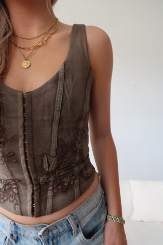 Brown Floral Embroidered Corset Top