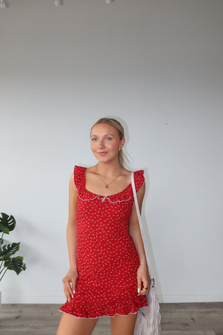 Red Sleeveless Ruffle Neck Mini Dress