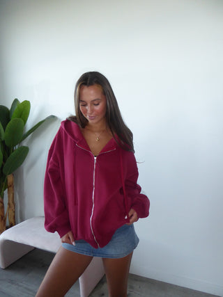 Burgundy Staple Oversized Zip-Up Hoodie
