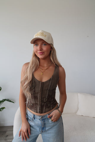 Brown Floral Embroidered Corset Top