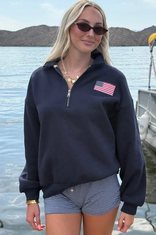 Navy Happy Camper Flag Quarter Zip Fleece
