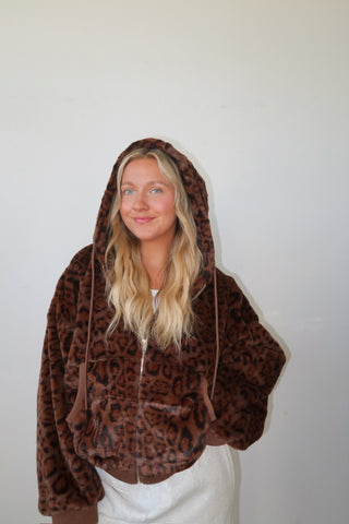 Faux Fur Leopard Zip Up Hoodie