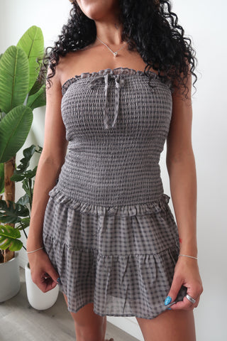 Smocked Bodice Low Waist Strapless Dress
