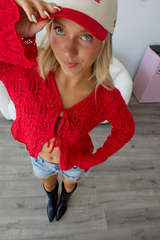 Berry Red Front Tie Open Knit cardigan