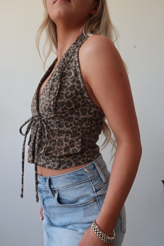 Leopard Halter Top With Front Tie