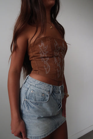 Hazelnut Washed Denim Corset With Rhinestone Embroidery