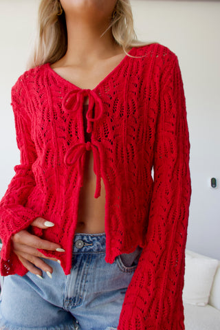 Berry Red Front Tie Open Knit cardigan
