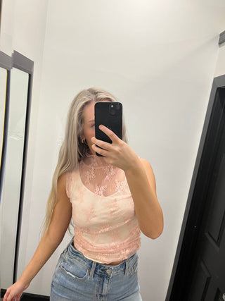 Pink Sheer Lace Sleeveless Mock Neck