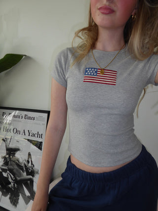 Heather Grey American Flag Embroidered Baby Tee