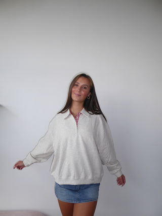 Grey Henley Sweatshirt With Red Gingham Inside