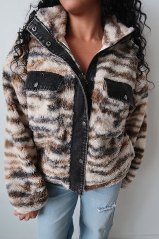 Contrast Denim Printed Sherpa Zip Up