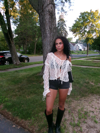 Cream Mesh Front Tie Long Sleeve