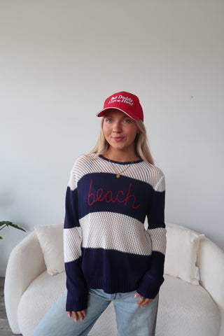 “Beach” Striped Crochet Long Sleeve