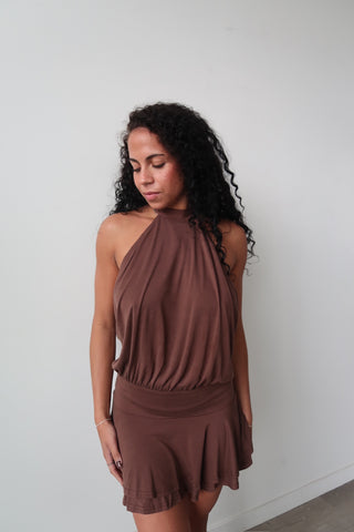 High Neck Mocha Mini Dress