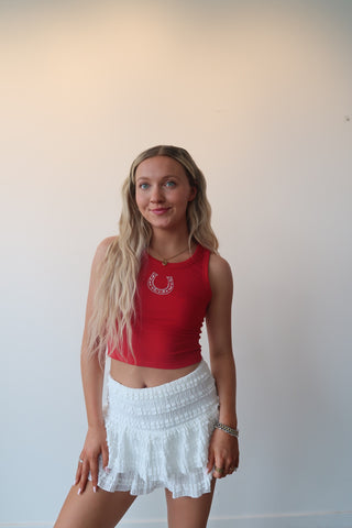 Red High Neck Tank With Embroidered Horse Shoe