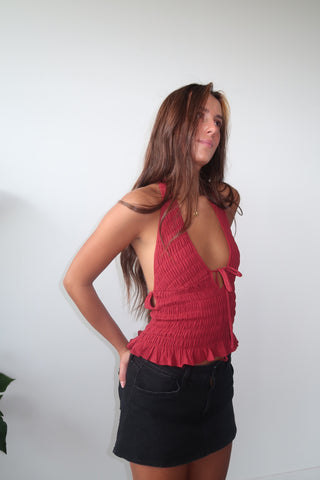 Red V-Neck Tie Halter Top