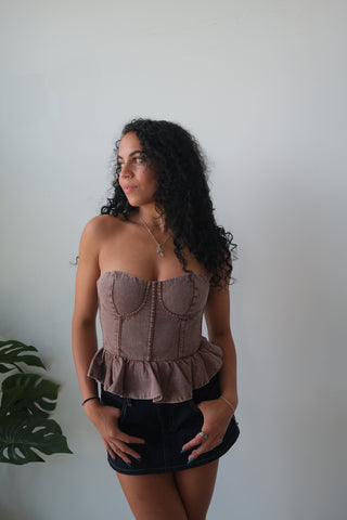 Brown Strapless Denim Corset Top