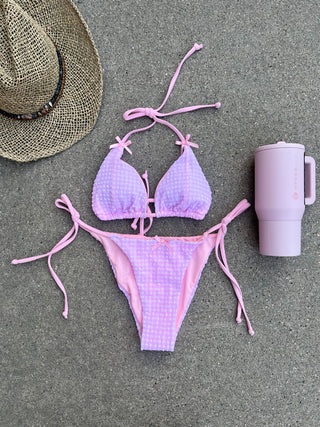 Pink Gingham Triangle Tie Bikini Top With Bows