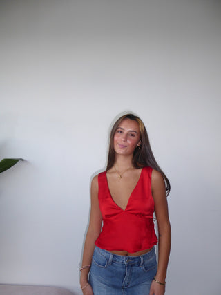 Red Satin V-Neck Tank Top
