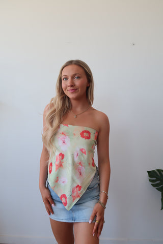 Green And Orange Floral Satin Tie Tube Top