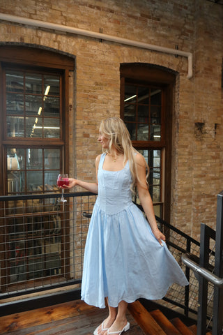 Light Blue Corset Drop Waist Open Back Dress