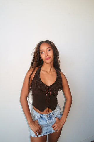 Chocolate Suede Halter Top With Fringe