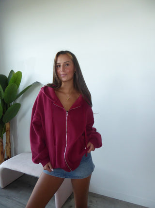 Burgundy Staple Oversized Zip-Up Hoodie