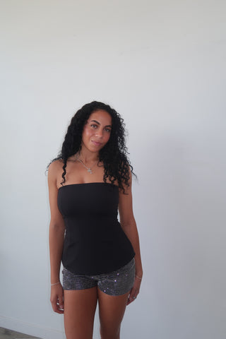 Black Flare Strapless Top
