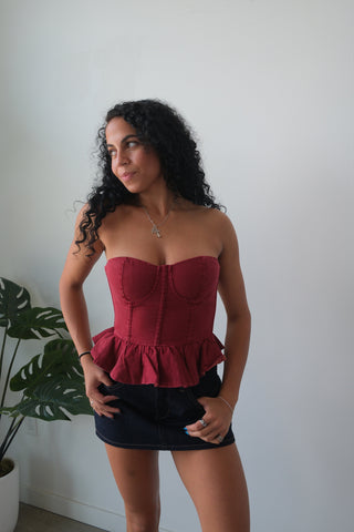 Burgundy Strapless Denim Corset Top