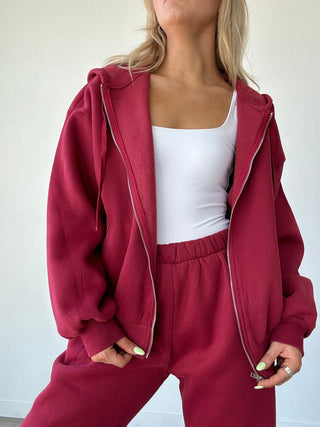 Burgundy Staple Oversized Zip-Up Hoodie