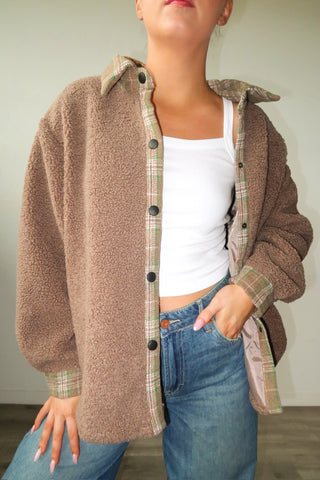 Brown Sherpa Jacket With Plaid Detail