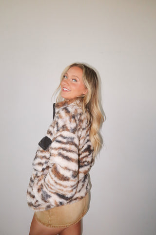 Contrast Denim Printed Sherpa Zip Up