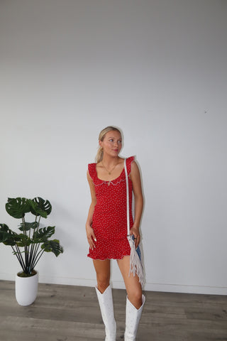 Red Sleeveless Ruffle Neck Mini Dress