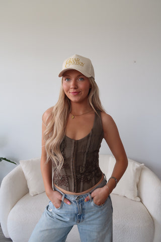Brown Floral Embroidered Corset Top