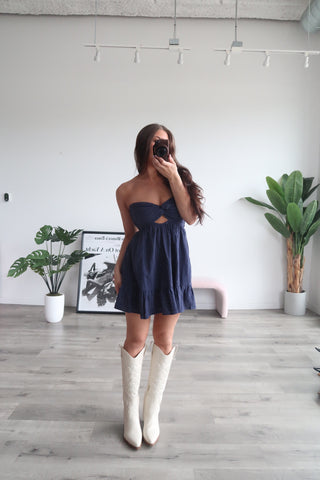 Navy Strapless Dress With Open Back
