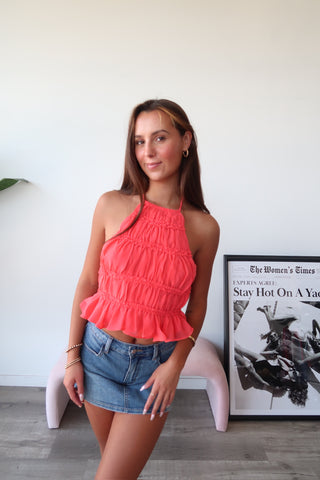 Coral Red Backless Ruffle Top